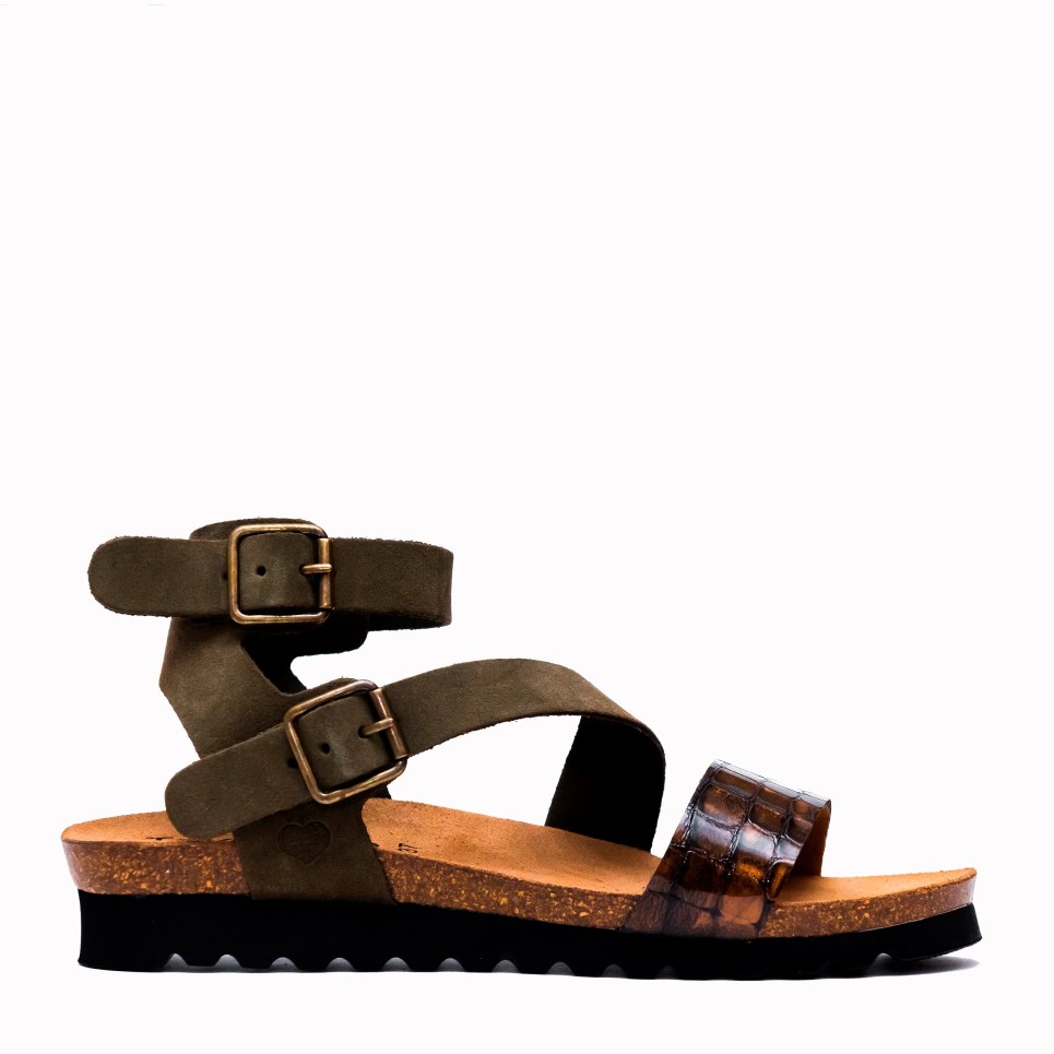 Key bio suede sandal with khaki-coco straps
