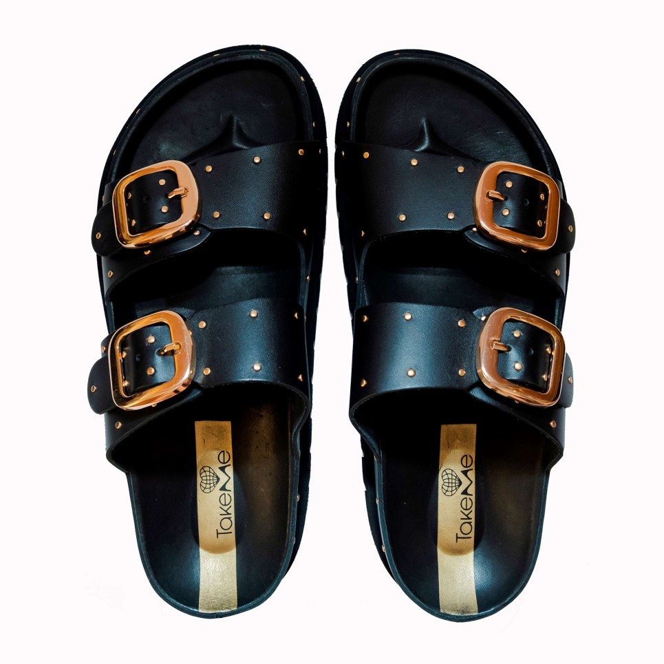 Teulada black cow leather two buckles sandal | TakeMe®